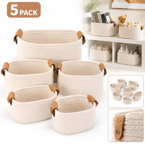 5 Pack Storage Baskets Set , Natural Woven Cotton Rope Organizer Bins for Shelves, Closet, Bathroom , Foldable Home Decor Basket for Bedroom, Living Room , Farmhouse, Modern Style