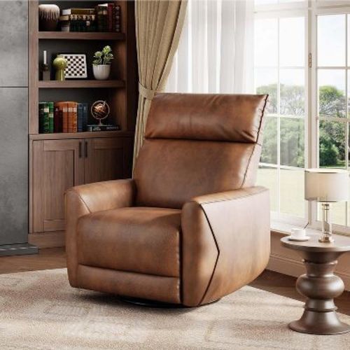 Power Swivel Recliner - Faux Leather Glider w/ Charging Port & Padded Backrest for Living Room & Nursery