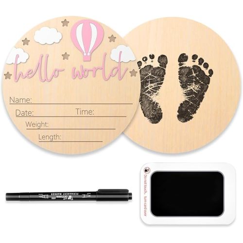 Baby Announcement Sign, Hello World Newborn Sign for Hospital, Newborn Photography Props for Nursery, Pink Hot Air Balloon and Cloud Decoration, Welcome Sign with Marker Pen and Ink Pad for Baby Shower