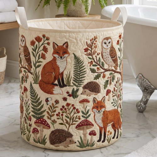Quilted Woodland Animals Laundry Hamper | Embroidered Fox Owl Toy Storage Basket | Forest Nursery Decor | Cute Baby Shower Gift