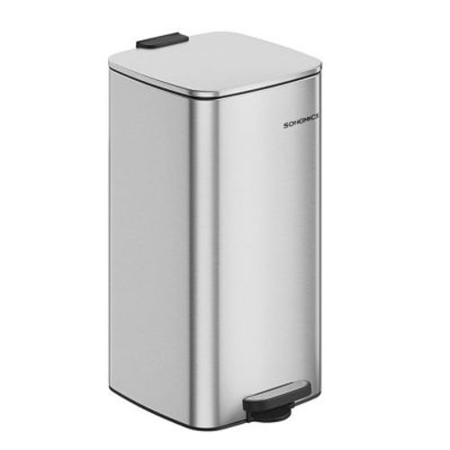 SONGMICS Trash Can, 8-Gallon (30 L) Trash Bin, Stainless Steel Kitchen Garbage Can, with Inner Bucket, Soft Close and Stays Open, Metallic Silver