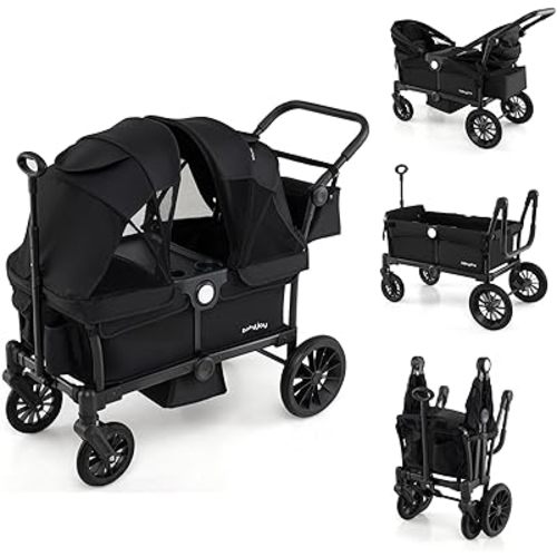 BABY JOY Wagon Stroller for 2 Kids, Collapsible Push Pull Double Stroller Wagon with Adjustable Handle Bar, Removable Canopy, Safety Harness, Cup Holder, Snack Tray & Storage Bag (Black)