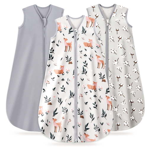 Baby Sleep Sack 0-6 Months, 100% Organic Cotton Wearable Blanket for Babies, 2-Way Zipper TOG 0.5 Lightweight Breathable Baby Sleeping Bag, 4 Sizes-S Cotton&Fawn&Grey