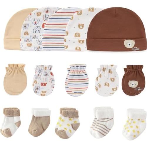 MAMIMAKA Newborn Baby Boy Girl Caps Mittens Socks Set Cotton Baby Essentials Accessories (Hats+Gloves+Socks)