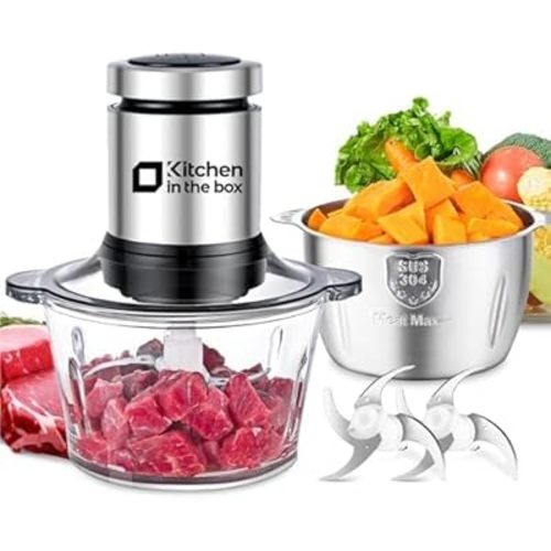 Kitchen in the box Food Processor, Electric Meat Grinder & Food Chopper with 400W Powerful Veggie Chopper-2 Bowls（8 Cup+8 Cup） & 2 Bi-Level Blades for Meat/Fish/Vegetable/Baby Food（Black Button）
