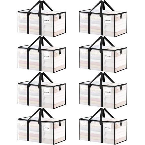 8 Pack Extra Large Heavy Duty Moving Bags, Clear Storage Bins with Lids, Reinforced Handles & Heavy-Duty Zippers Moving Boxes Storage Bags Totes for Clothes Packing, Dorms, College Supplies, Clear