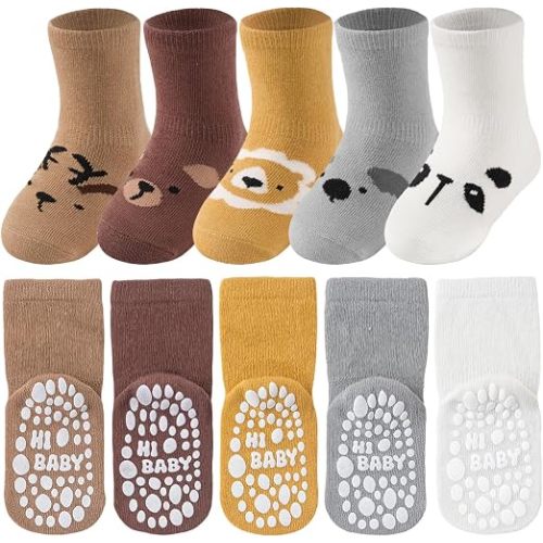 Toddler Grip Socks, 5 Pairs, Cotton Crew for Baby Boys & Girls | 80% cotton blend feels soft and breathable; dense sole grips support crawling, cruising and first steps on indoor floors.