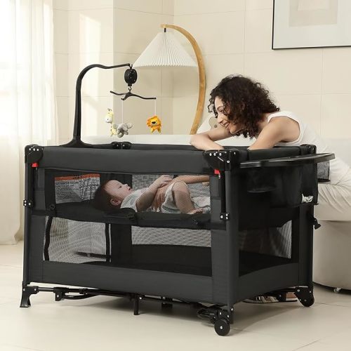 5 in 1 Pack and Play, Baby Bassinet Bedside Sleeper, Baby Playard, Bedside Crib with Changing Table, Foldable Travel Playard for Newborn to Toddles (Black)