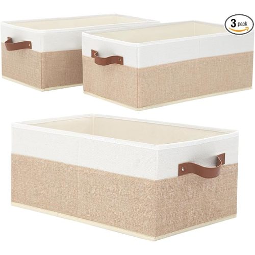 Closet Organizer Bins 3 Pack, Large Storage Bins for Shelves, Foldable Closet Storage Boxes Baskets with Leather Handles for Organizing Clothes, Sheets, Jeans, Toys, Books（Begie）
