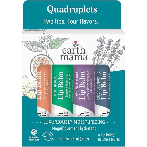 Earth Mama Lip Balm Quadruplets 4-Pack | No Petroleum, Artificial Colors or Flavors