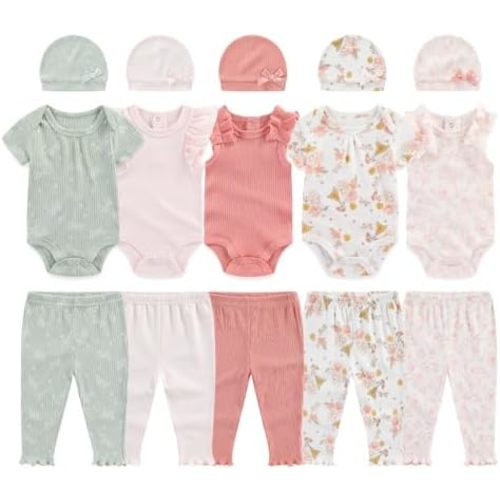 0-12 Months Unisex Baby Pants Sets New born Bodysuit and Hats 15 Pack Boy Girl Infant Comfort Outfit Clothes