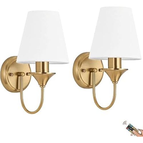 Brass Battery Wall Sconces Battery Operated Wall Lights Set of Two with Rechargeable Bulbs & Remote, Wireless Gold Battery Powered Wall Sconce, Cordless Fabric Wall Lamp for Bedroom Living Room Porch