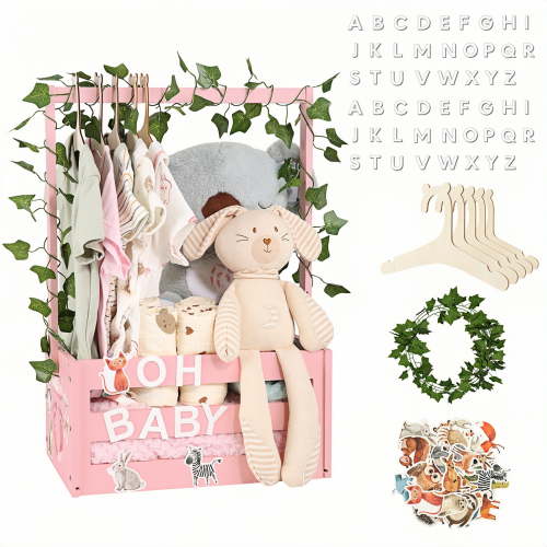 TeSabMi Baby Shower Crate Closet, Wooden Baby Shower Gift Basket with Alphabet Letters, 5 Clothes Hangers and Vine, Pink