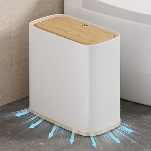 Bathroom Trash Can 2.6 Gal, Wheels, Air Vent, Faux Wood Top