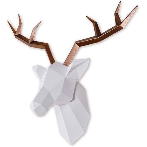 SAC SMARTEN ARTS Faux Taxidermy Animal Head Wall Decor - White Deer Head Wall Mount - Decorative Gold Deer Antlers Wall Decor by 14 x11 inches
