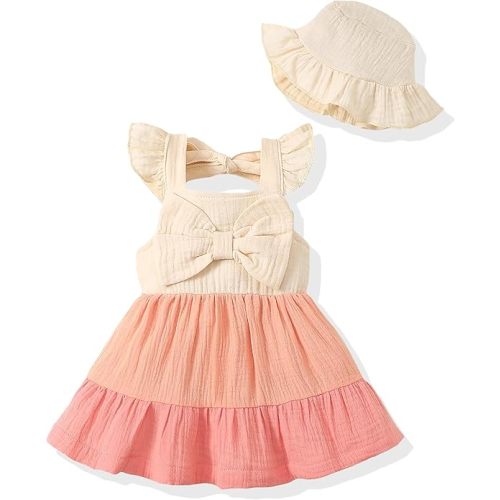 Renotemy Infant Baby Girl Dresses Toddler Girl Clothes Summer Cotton Linen Boho Smocked Sundress Gift for Girls with Hat
