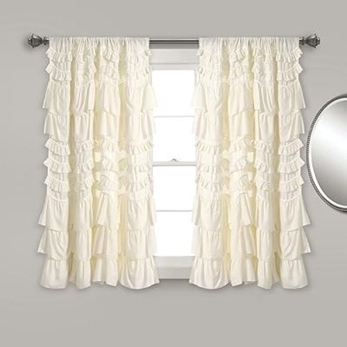 Lush Decor Kemmy Light Filtering Window Curtain Panel Single 52" W x 63" L Ivory - Drapes - Ruffled Curtains for Bedroom - Cream Curtains - Coquette Decor