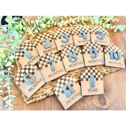 Monthly Milestone Cards for Baby Photos | Checkerboard Engraved Monthly Milestone Markers | Personalized Baby Boy Signs