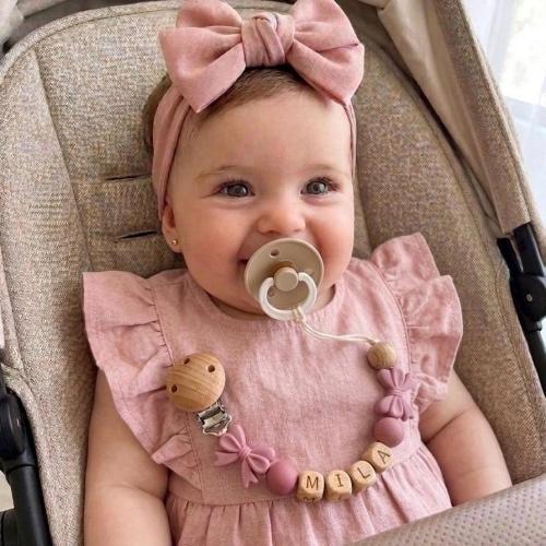 Personalized Dummy Clip Bow: Pink Crochet Bead, Pacifier Holder | Personalized Pacifier Clip | Custom Newborn Soother Holder