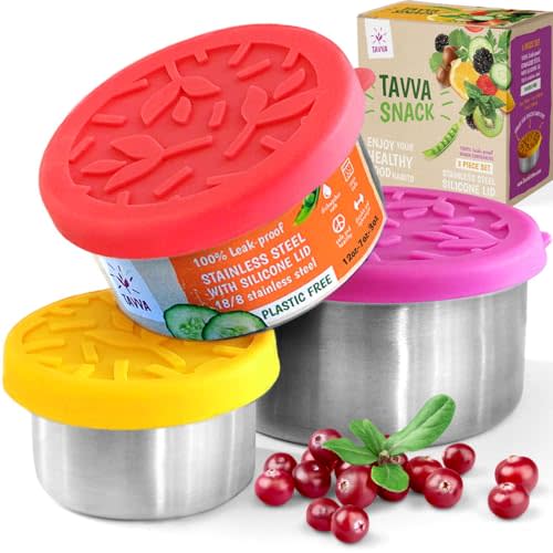 TAVVA Stainless Steel Snack Containers for Kids [12oz/ 7oz/ 3oz] - Leakproof with Silicone Lids - Lunch Box for Kids - Metal Lunchbox for School, Office, Home Food Storage - Dishwasher & Freezer Safe