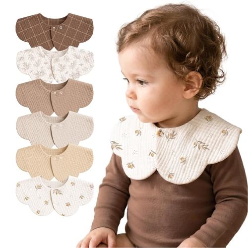 MairMore 6-Pack Muslin Baby Bibs, 360° Rotate Flower-Shaped Drool Bibs