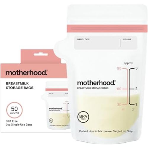 Motherhood Maternity Breastmilk Storage Bags, 3 oz, 50 Count β Leak Proof Breast Milk Freezer Storage Bags, Pre-Sterilized & BPA Free, Self-Standing & Flat Lay