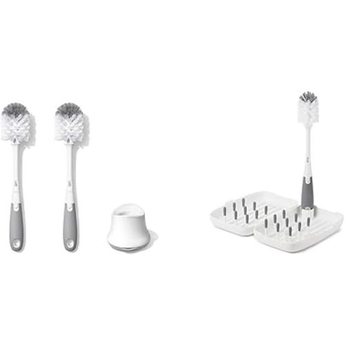 OXO Tot Bottle Brush with Nipple Cleaner and Stand – Gray, 2-Pack & Tot Travel Size Drying Rack with Bottle Brush- Gray