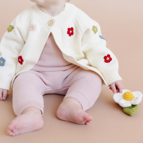 The Blueberry Hill Flower COTTON Knit Cardigan Sweater Cream Multi-Color Flowers