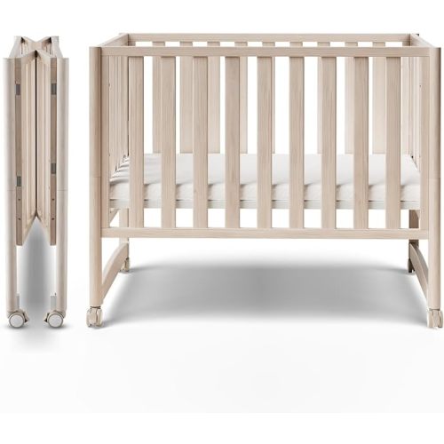 MAMAZING EvoNook 6-in-1 Convertible Mini Crib - Easy Assembly, Portable Folding Baby Mini Crib with Wheels, 100% New Zealand Wood, 4 Adjustable Mattress Heights, Washed Nature with Mattress