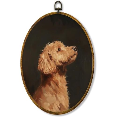 shiviody Vintage Poodle Canvas Wall Art Decor, Mid Century Modern Animal Wall Art, Retro Cute Puppy Oval Hanging Frame Prints Decorations for Home Bedroom 8.6"x11.4"