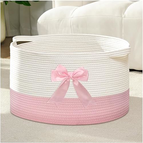 Goodheim Pink Woven Laundry Hamper Basket with Bow, Large Tall Clothes Storage Basket for Baby Nursery, Girls Room, Bathroom & Bedroom Organizer 15"x17.7"