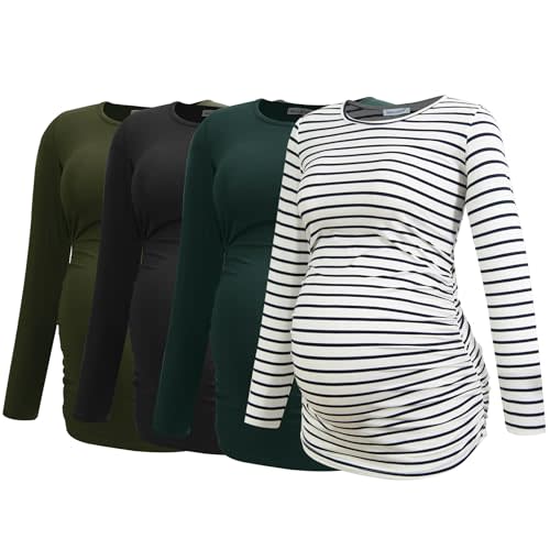 Smallshow Women's 4 Pack Maternity Shirts Long Sleeve Ruched Pregnancy Clothes Tops