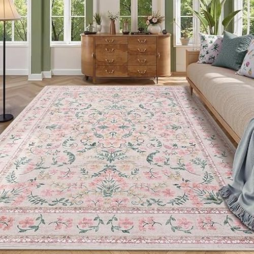 GarveeHome Washable Area Rug, 5x7 Boho Floral Soft Rugs for Living Room, Non Slip Low Pile Carpet for Bedroom, Dining Room, Nursery, Hallway, Pink