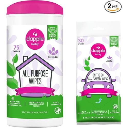 Dapple Baby All Purpose Wipes, Plant Powered, Hint of Lavender, Hypoallergenic, 75 Count Canister + 30 Count