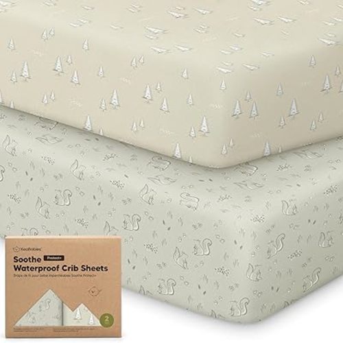 2-Pack Waterproof Crib Sheets for Girl, Boy - Organic Cotton Fitted Crib Sheets Neutral, Crib Mattress Protector Sheets, Soft Toddler Bed Sheets, Washable Infant Fitted Baby Crib Sheets (Pine Grove)