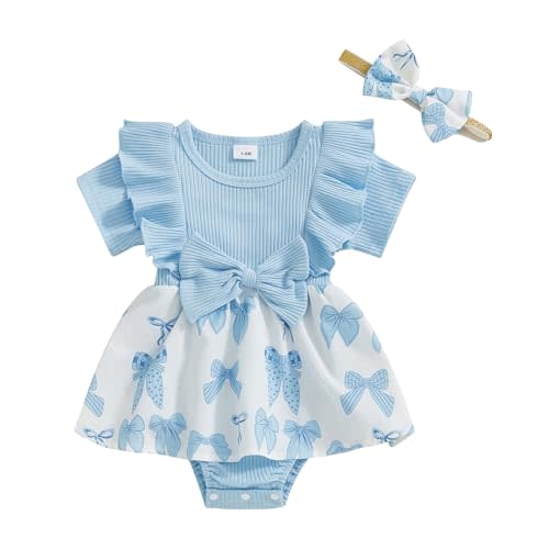Afunbaby Baby Romper Dress Newborn Girl Clothes Bowknot Onesie Ribbed Knit Jumpsuit Infant Summer Outfit