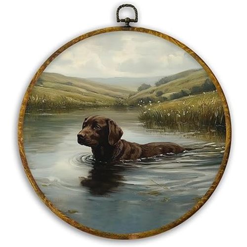 CUANFDDSF Rustic Country Chocolate Labrador Retriever Round Wall Art, Chocolate Lab Gifts Framed Hanging Wall Decor, Antique Farmhouse Dog Canvas Prints Decorations for Bedroom, 10x10 Inch