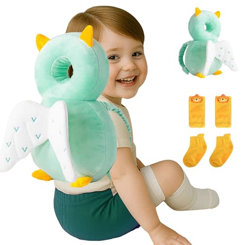 Baby Head Protector Backpack (9 to 24 Months) - Cute Head Guard Pillow with Knee Pads and Socks, Crawling and Walking Safety Set, Toddler Head Cushion Backpack, Baby Gift, Mint Owl