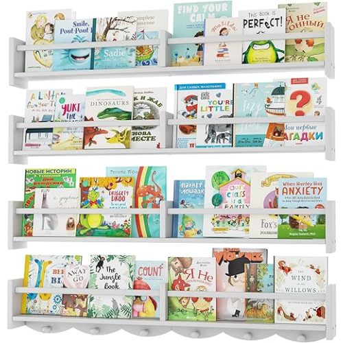 34Inch Nursery Bookshelves,Set of 4,Wall Floating Shelf Kids Coat Rack with 6Hooks,Hanging Book Shelf for Baby Nursery Room Décor ，Patent Number: 29958098(White, 34)