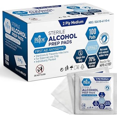 MED PRIDE Sterile Alcohol Prep Pads, Antiseptic, Individually Wrapped, Medical Grade, Latex Free, 2 Ply, 100 Count