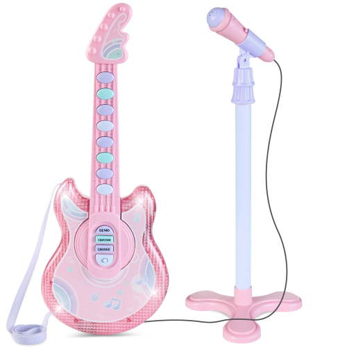 Best Choice Products 19in Kids Flash Guitar, Pretend Play Musical Instrument Toy for Toddlers w/ Mic, Stand - Light Pink