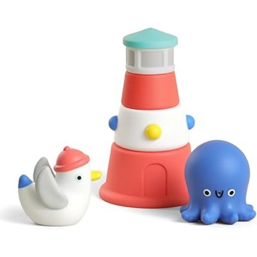 Itzy Ritzy Stack & Squirt Bath Toy Set - Includes Stackable Lighthouse & Water-Squirting Seagull and Octopus (Nautical)