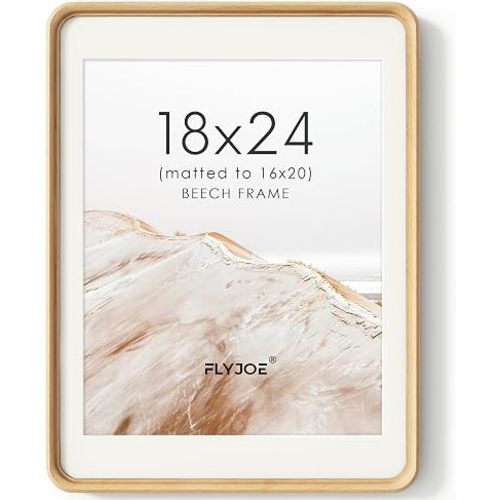 18 x 24 Picture Frame, USA-Sourced Natural Beech Wood Photo Frame with Tempered Glass, Handcrafted Rounded Corner 18x24 Wooden Frame Matted to 16x20 Photos, Horizontal or Vertical Wall Mounting