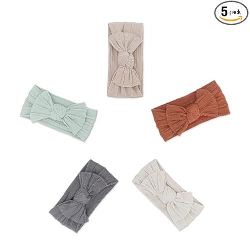 Parker Baby Cable Knit Nylon Headbands 5 Pack | Soft, Stretchy & Comfortable Bows for Girls | Adjustable, Soft to Touch & Knotted Headbands for Baby Girls | Baby Headwraps for Girls | Multiple Colors