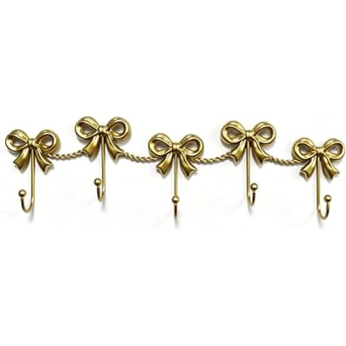 himmel Gold Bow Hooks for Girls Room - Cute Triple Bow Wall Hooks for Nursery, Bedroom & Bathroom - Metal 5-Hook Coquette Room Decor for Hanging Towels, Bags, Robes & Jewelry (Gold-5 Hooks)