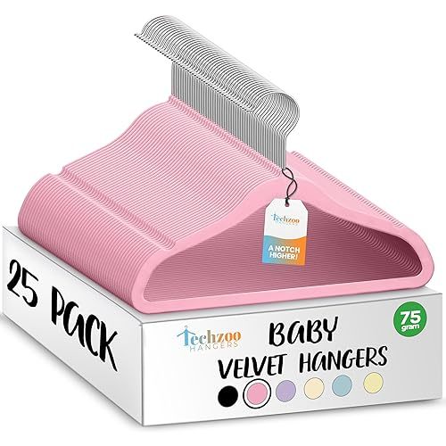 TechZoo 25 Premium Baby Velvet Hangers - 11.8 Inches Non-Slip & Ultra-Slim Baby Hangers for Space-Saving & Children Clothes - 360 Swivel Hook, Strong & Durable Infant & Toddler Clothes Hanger - Pink