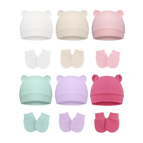 Cotton Baby Hats and Mittens Set Unisex, Toddler No Scratch Mittens and Beanie Cap Infant Newborn Hospital Hat