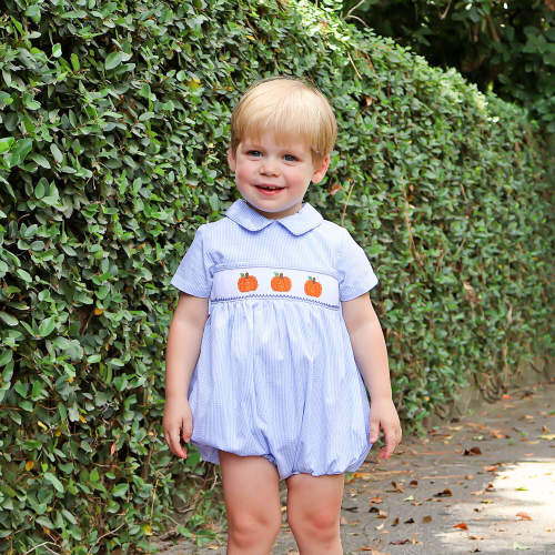 Pumpkin Patch Blue Gingham Smocked Collared Bubble