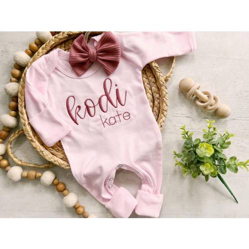 Personalized pink romper with bow, custom girl coming home outfit baby shower gift custom baby name outfit handmade bow, newborn pictures