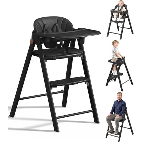Convertible High Chair & Foldable Toddler Standing Tower for Baby to Adult, Tool-Free Adjustable Baby Highchair, Compact Feeding Chair, 5-Point Harness, Easy Clean, Removable Tray, Metal Frame, Balck
